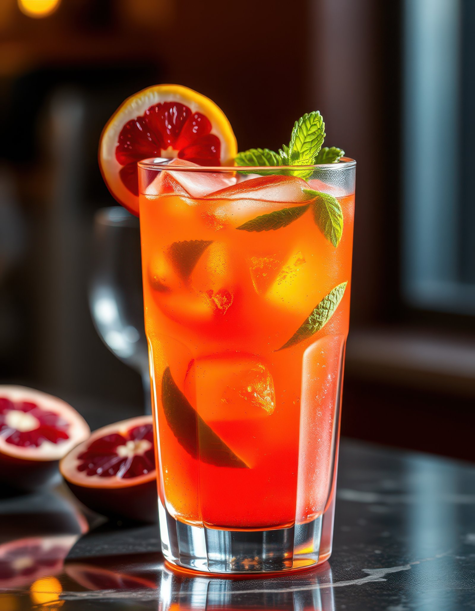 Refreshing cocktail garnished with mint and citrus served in a tall glass